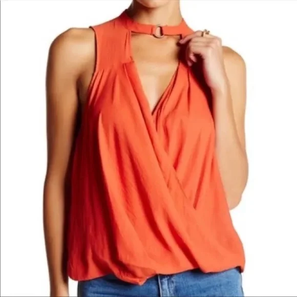 EUC. ✵☽Free People☾✵ Orange <So Fine> Surplice Choker Sleeveless Blouse Top | XS - Picture 12 of 13